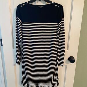 Ralph Lauren Black and Cream Striped Long Sleeve Boatneck Dress